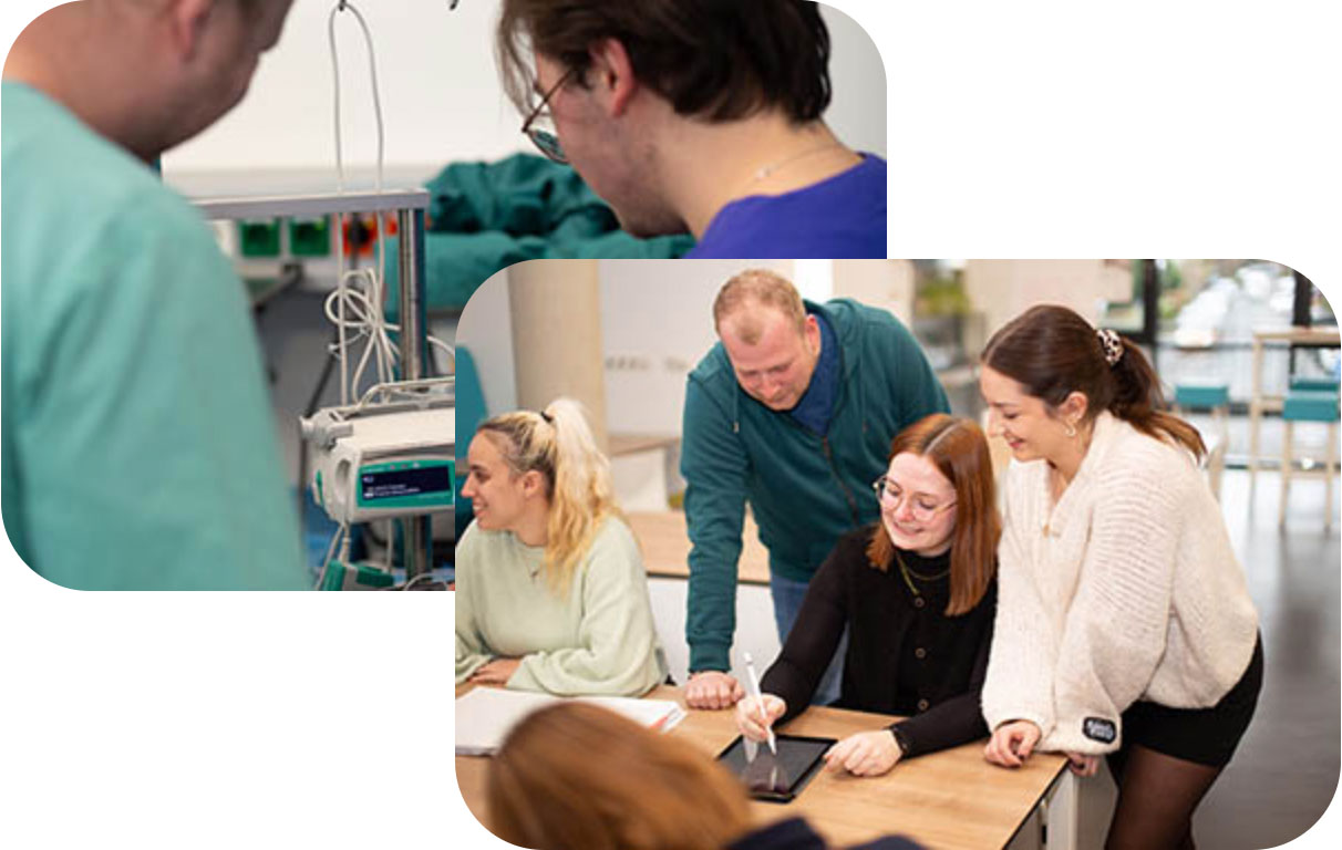 Auszubildende in Freizeitkleidung nutzen ein Tablet zum Lernen, andere Auszubildende bedienen ein medizinisches Gerät im Skills Lab